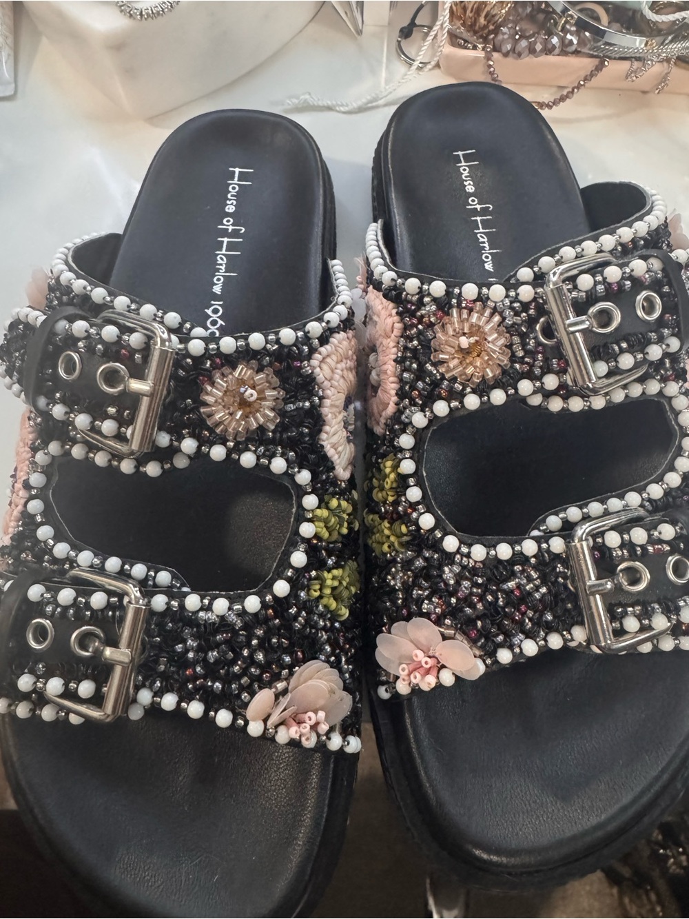 House of Harlow 1960 Black Beaded Slide Sandals with Pink Embellishments 8.5
